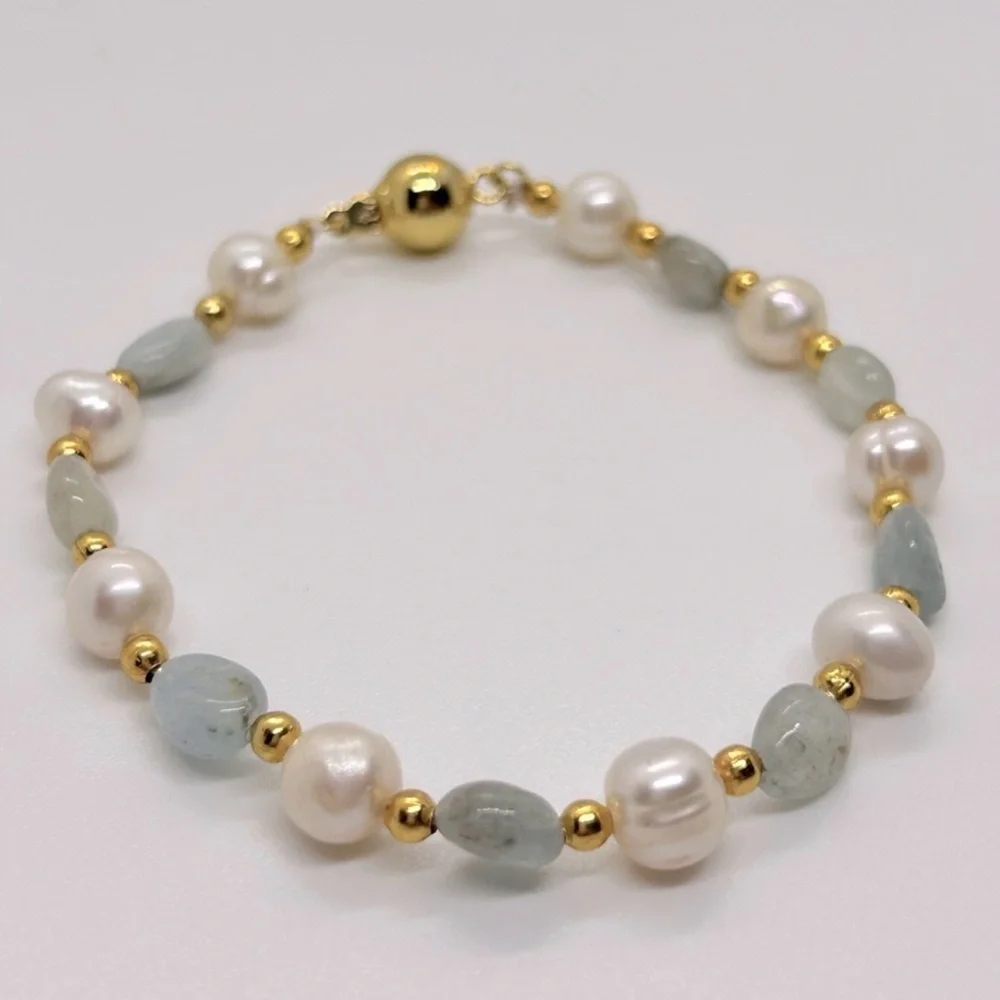 White Freshwater Pearl & Aquamarine Stones 18K GP Necklace & Bracelet Set